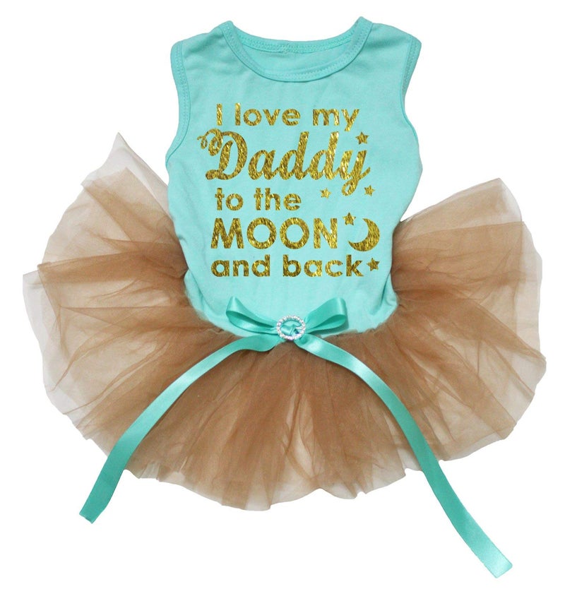 Petitebella I Love My Daddy to The Moon and Back Puppy Dog Dress (Aqua Blue/Gold, Small)